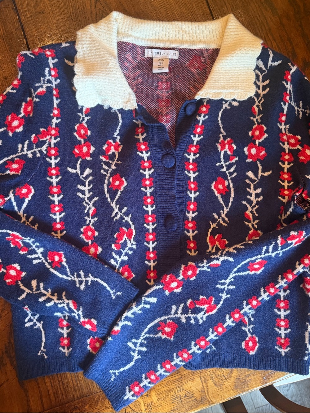 Sincerely Jules Floral Knit Cardigan Sweater - Navy with Red & Cream -size small